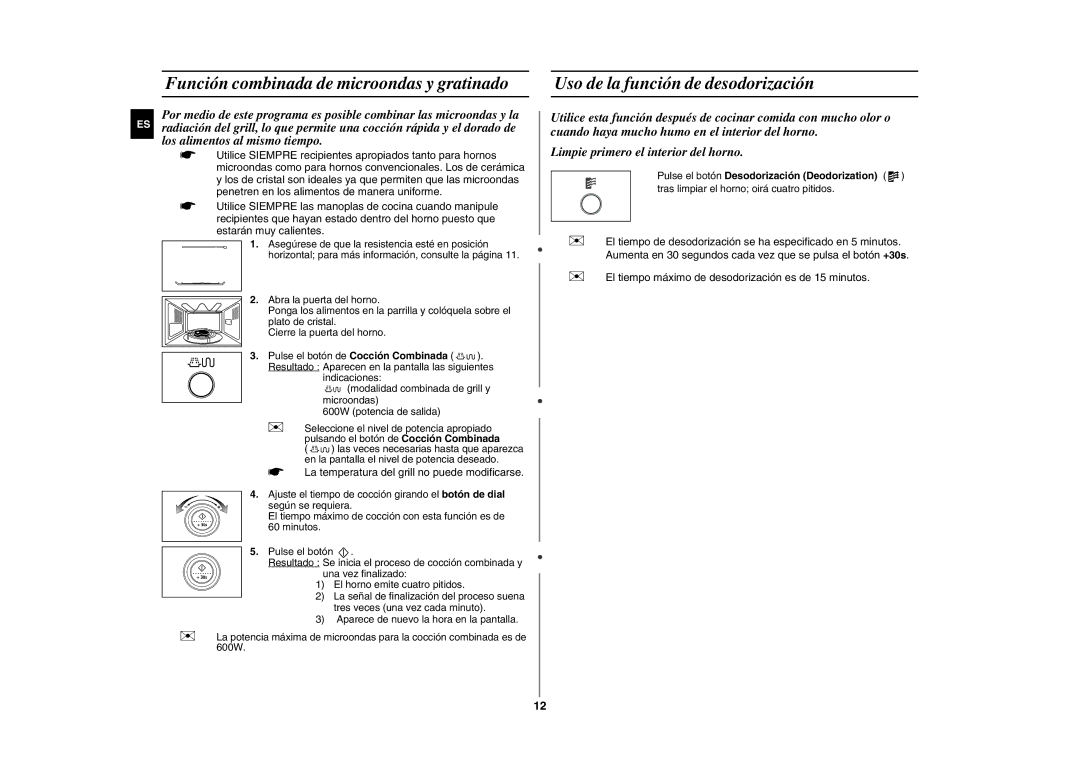 Samsung GE86Y/XEC manual Función combinada de microondas y gratinado, Uso de la función de desodorización 