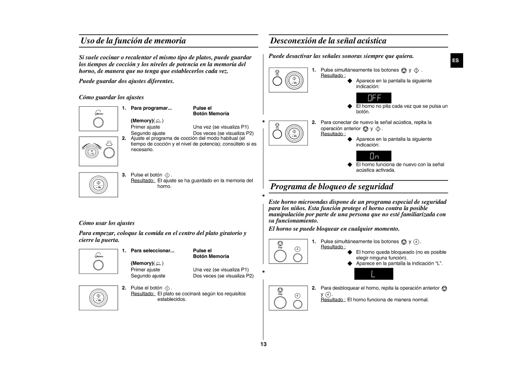 Samsung GE86Y/XEC manual Uso de la función de memoria, Desconexión de la señal acústica, Programa de bloqueo de seguridad 