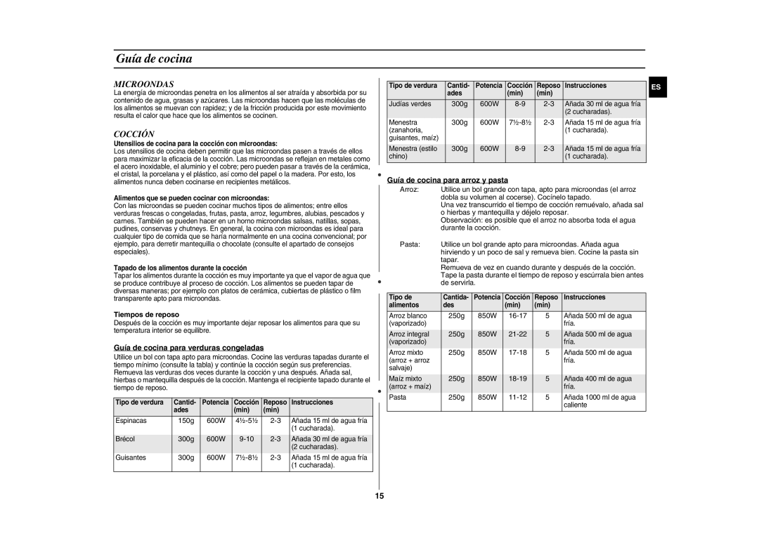 Samsung GE86Y/XEC manual Guía de cocina, Microondas, Cocción 