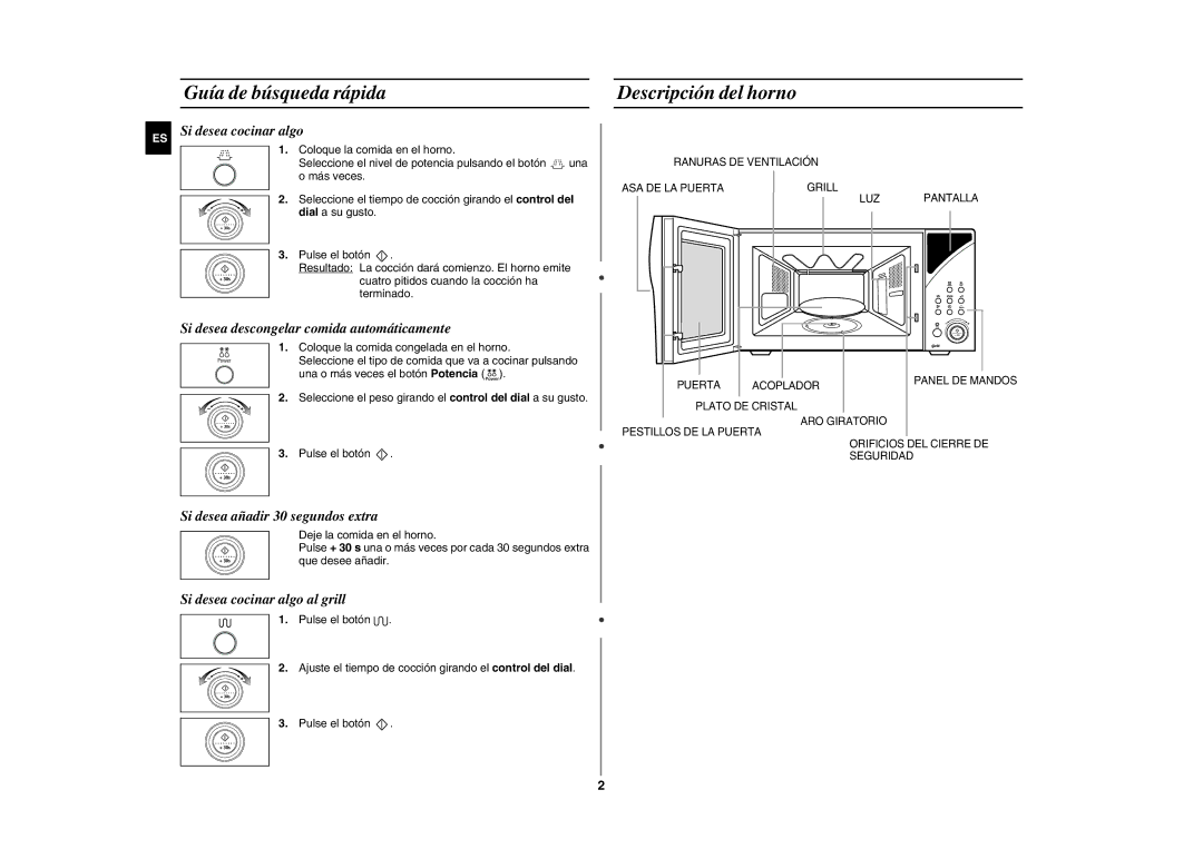 Samsung GE86Y/XEC manual Guía de búsqueda rápida, Descripción del horno 