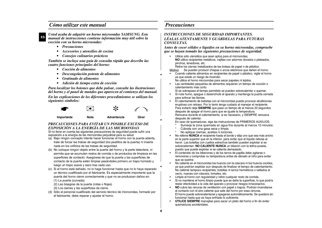 Samsung GE86Y/XEC Cómo utilizar este manual, Precauciones, Importante Nota Advertencia 