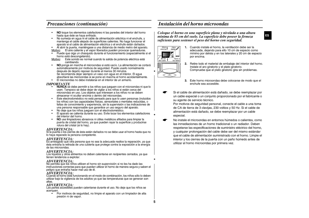 Samsung GE86Y/XEC manual Precauciones continuación, Instalación del horno microondas, Importante, Advertencia 