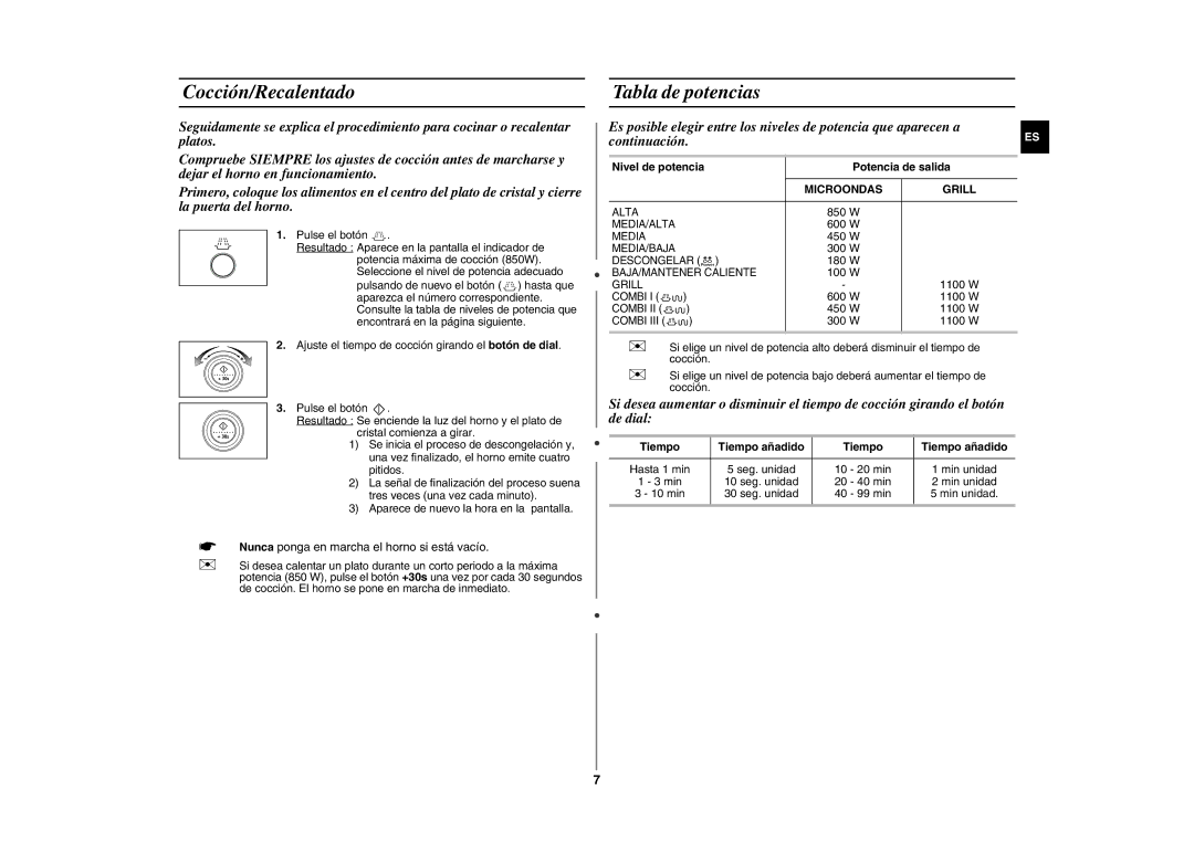 Samsung GE86Y/XEC manual Cocción/Recalentado, Tabla de potencias, Nivel de potencia Potencia de salida, Microondas Grill 