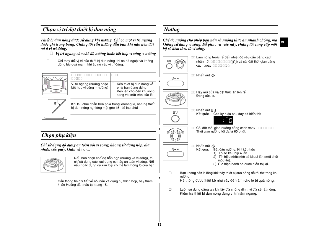 Samsung GE872-S/XSV manual Choïn vò trí ñaët thieát bò ñun noùng Nöôùng, Choïn phuï kieän, Boä reá keøm theo loø vi soùng 