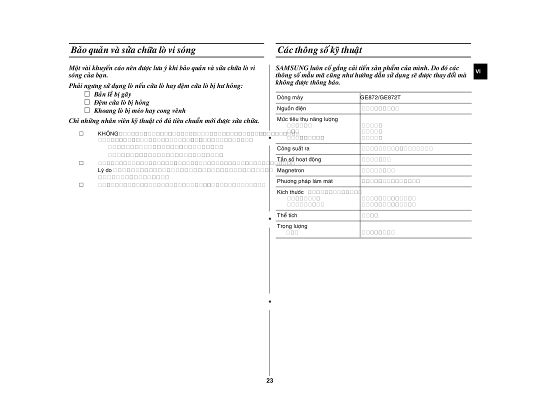 Samsung GE872-S/XSV manual Baûo quaûn vaø söûa chöõa loø vi soùng, Caùc thoâng soá kyõ thuaät 