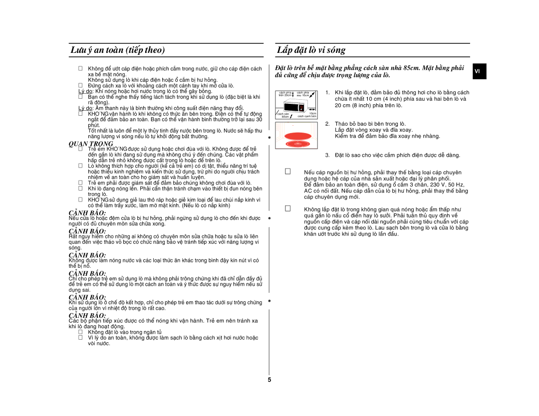 Samsung GE872-S/XSV Löu yù an toaøn tieáp theo, Laép ñaët loø vi soùng, Ñuû cöùng ñeå chòu ñöôïc troïng löôïng cuûa loø 