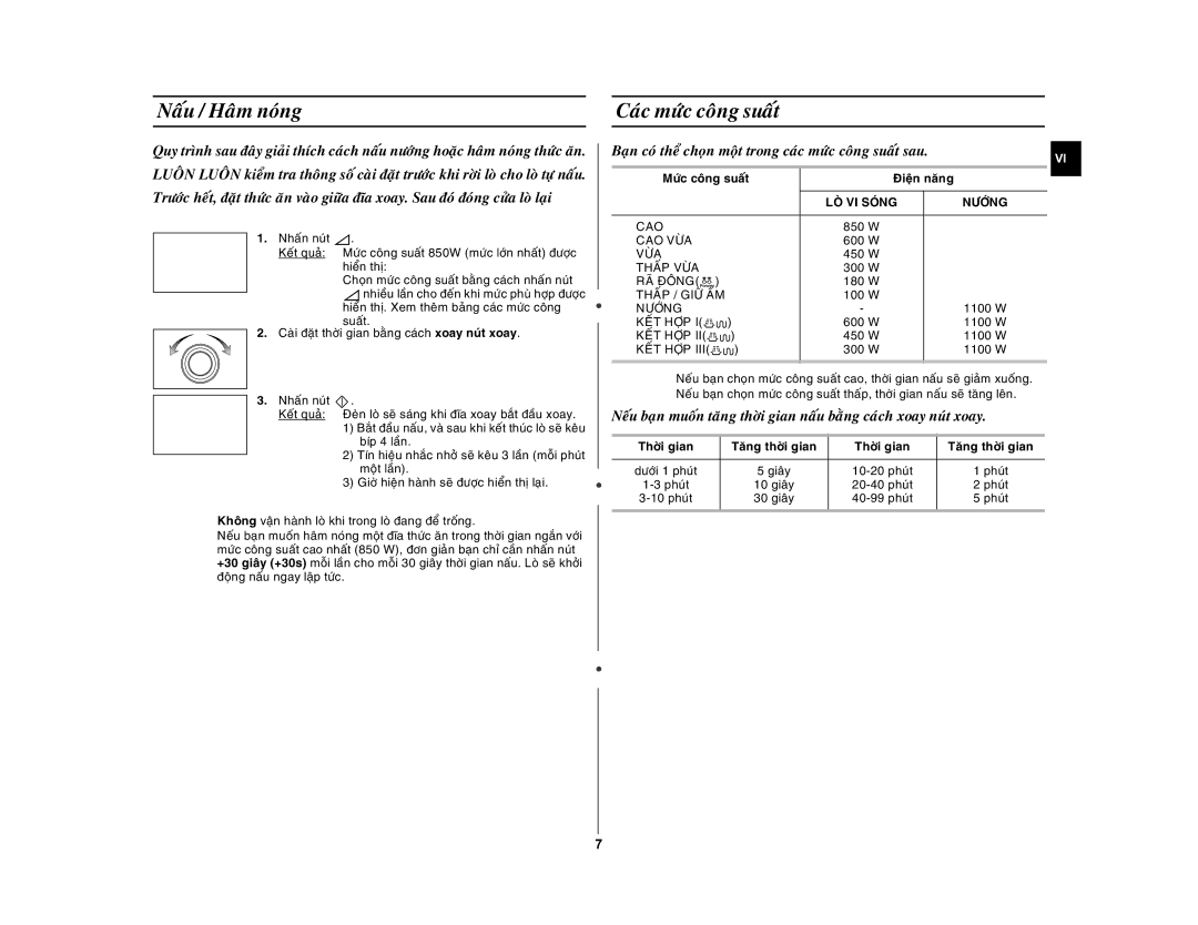 Samsung GE872-S/XSV manual Naáu / Haâm noùng Caùc möùc coâng suaát, Möùc coâng suaát, Nöôùng, Thôøi gian 