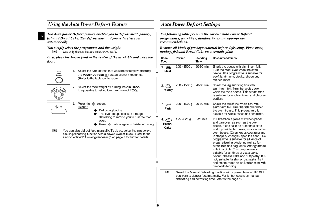 Samsung GE872-S/XSV manual Using the Auto Power Defrost Feature, Auto Power Defrost Settings, Cake 