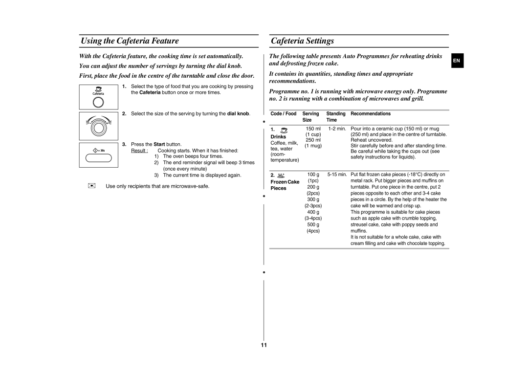 Samsung GE872-S/XSV manual Using the Cafeteria Feature, Cafeteria Settings, Drinks, Pieces 