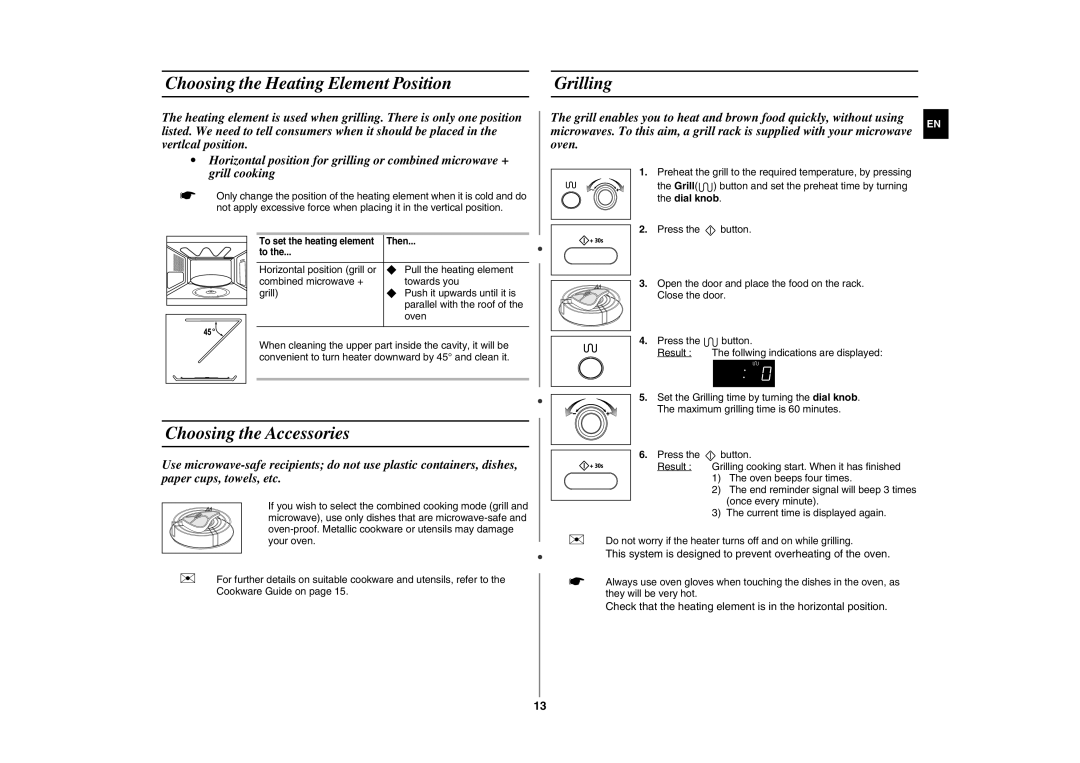 Samsung GE872-S/XSV manual Choosing the Heating Element Position Grilling, Choosing the Accessories 