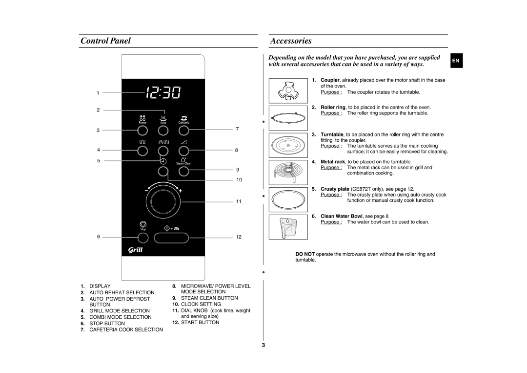 Samsung GE872-S/XSV manual Control Panel Accessories, Clean Water Bowl, see 