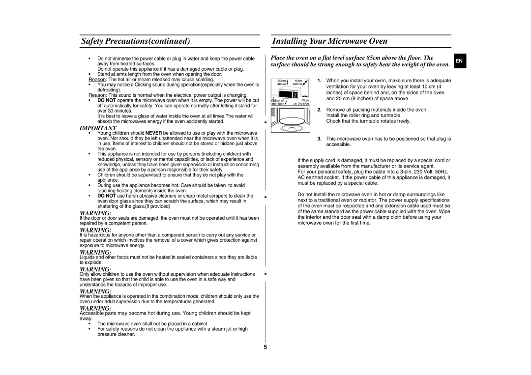 Samsung GE872-S/XSV manual Installing Your Microwave Oven 