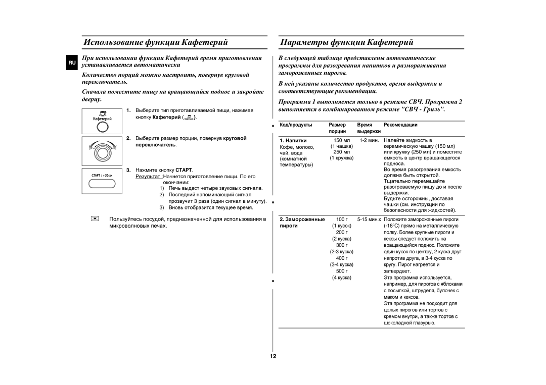 Samsung GE872R-S/BWT, GE872R/BWT, GE872R-S/SBW, GE872R/SBW manual Использование функции Кафетерий, Параметры функции Кафетерий 