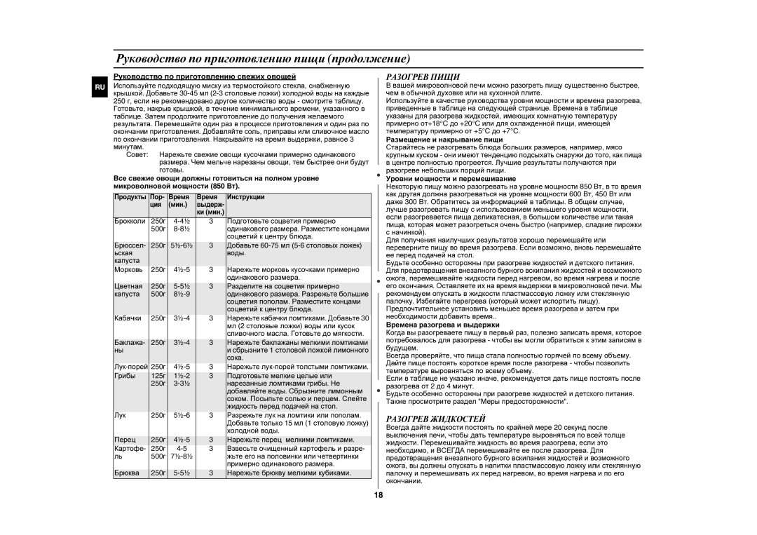 Samsung GE872R-S/SBW, GE872R-S/BWT manual Руководство по приготовлению пищи продолжение, Разогрев Пищи, Разогрев Жидкостей 