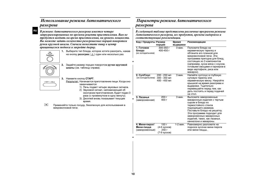 Samsung GE872R-S/SBW manual Использование режима Автоматического разогрева, Параметры режима Автоматического разогрева 