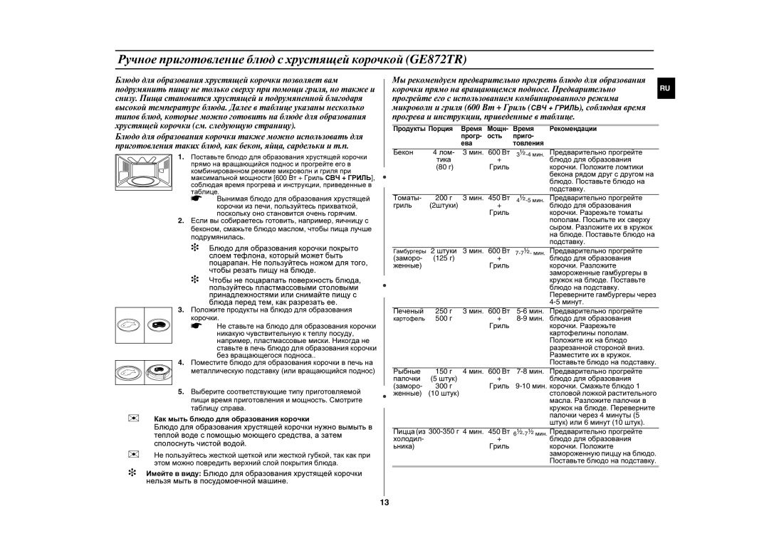 Samsung GE872R-S/SBW, GE872R/BWT, GE872R/SBW manual Ручное приготовление блюд с хрустящей корочкой GE872TR 