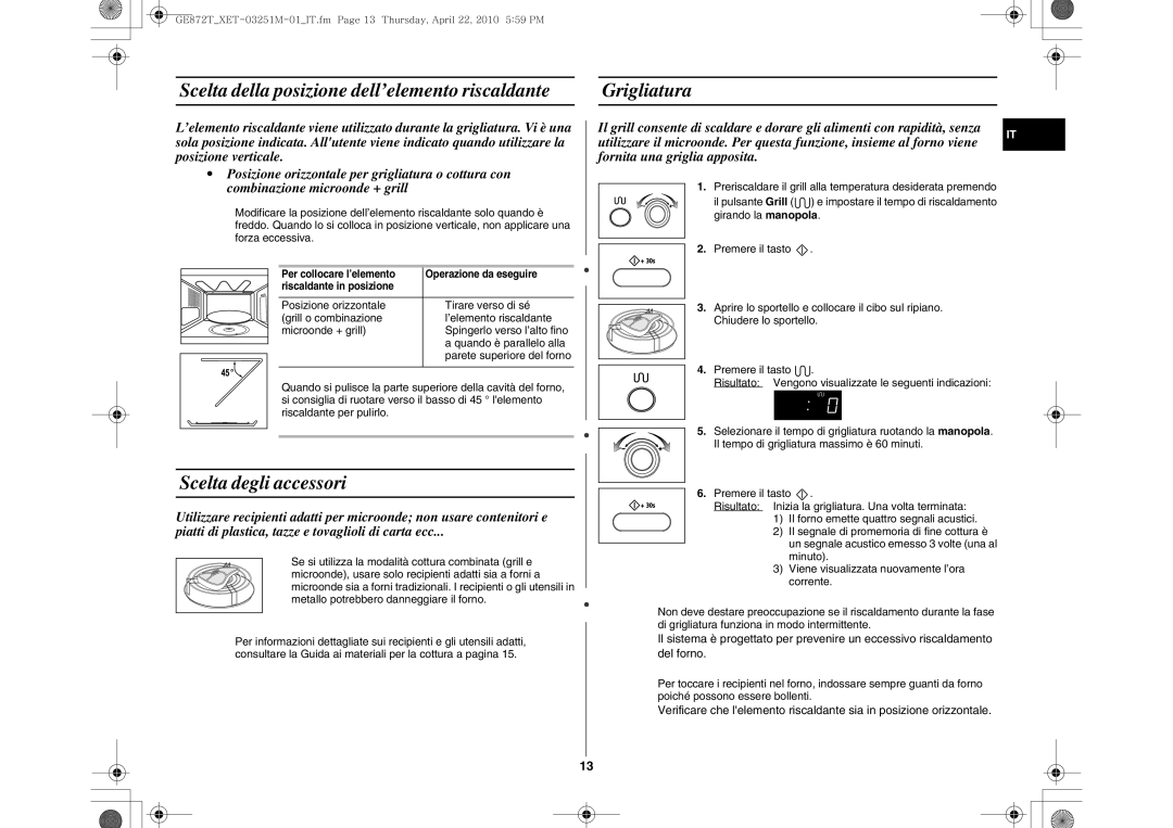 Samsung GE872T-BC/XET manual Scelta della posizione dell’elemento riscaldante Grigliatura, Scelta degli accessori 