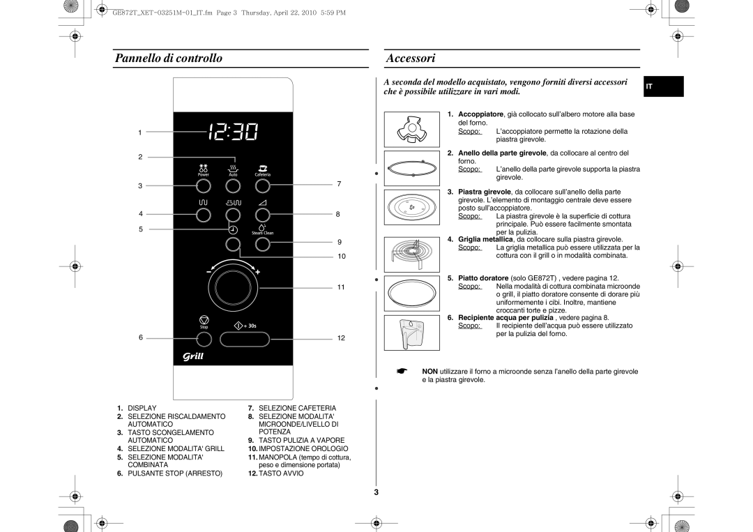 Samsung GE872T-BC/XET manual Pannello di controllo Accessori, Recipiente acqua per pulizia , vedere pagina 