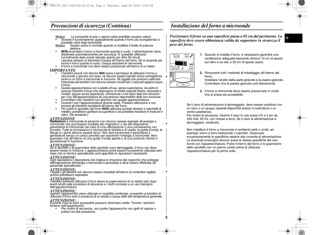 Samsung GE872T-BC/XET manual Importante, Attenzione, Quando si installa il forno, è necessario garantire una 