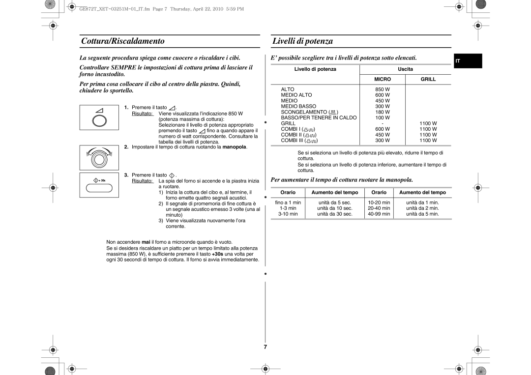 Samsung GE872T-BC/XET manual Cottura/Riscaldamento Livelli di potenza, Livello di potenza Uscita, Orario Aumento del tempo 