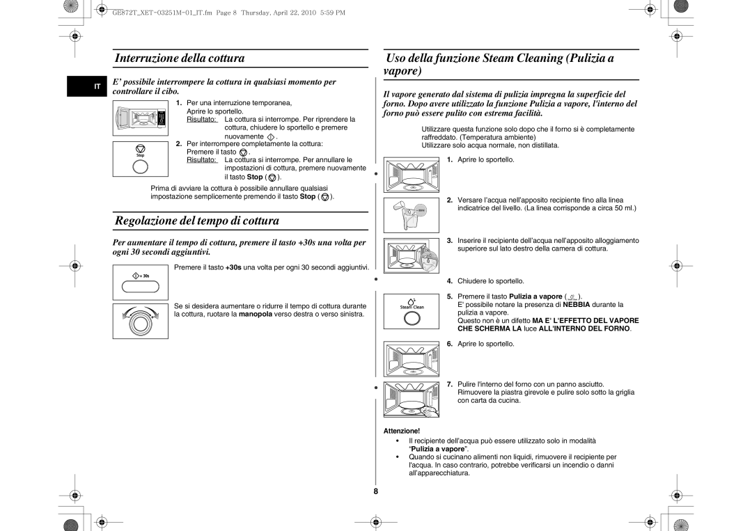 Samsung GE872T-BC/XET manual Interruzione della cottura, Regolazione del tempo di cottura 