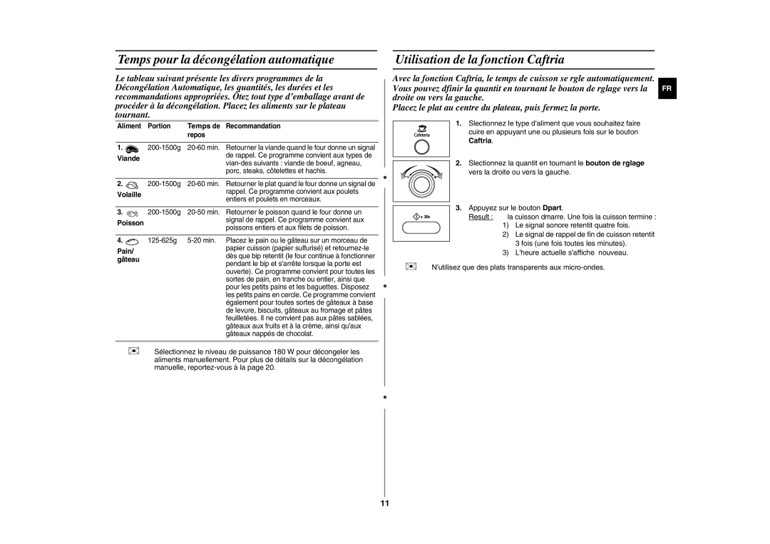 Samsung GE872T-S/XEF manual Temps pour la décongélation automatique, Utilisation de la fonction Caftria, Temps de 