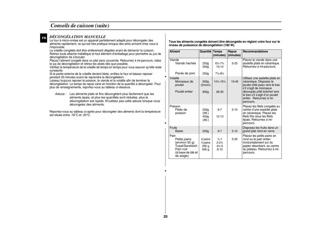 Samsung GE872T-S/XEF manual Décongélation Manuelle 