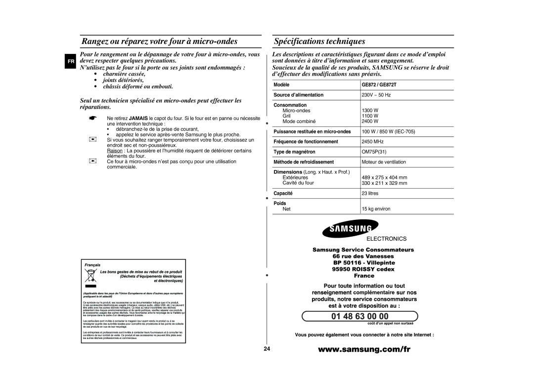 Samsung GE872T-S/XEF manual Micro-ondes, Mode combiné, Net 