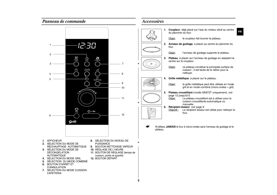 Samsung GE872T-S/XEF manual Panneau de commande, Accessoires, Récipient doseur, voir 