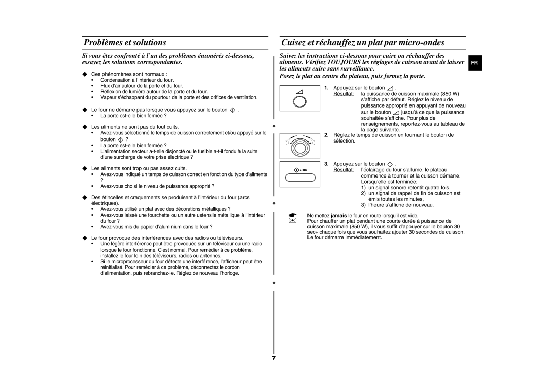 Samsung GE872T-S/XEF manual Problèmes et solutions, Cuisez et réchauffez un plat par micro-ondes 