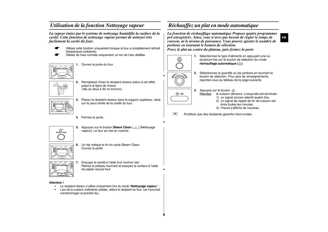 Samsung GE872T-S/XEF manual Utilisation de la fonction Nettoyage vapeur, Réchauffez un plat en mode automatique 