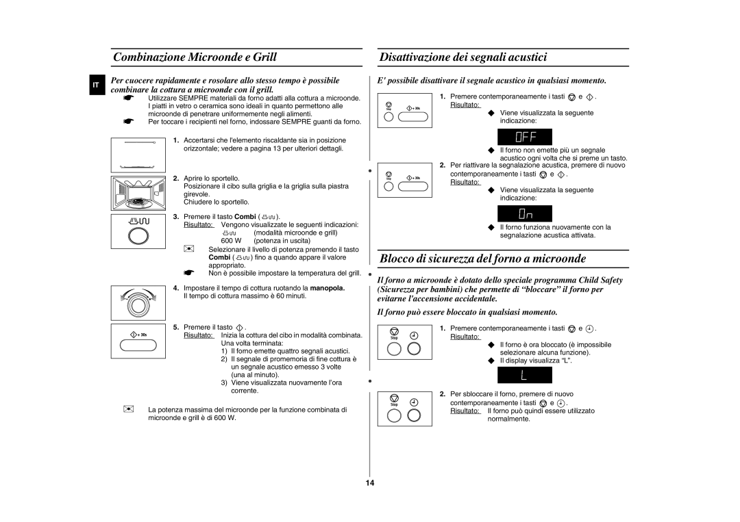 Samsung GE872T-S/XET manual Combinazione Microonde e Grill, Disattivazione dei segnali acustici 