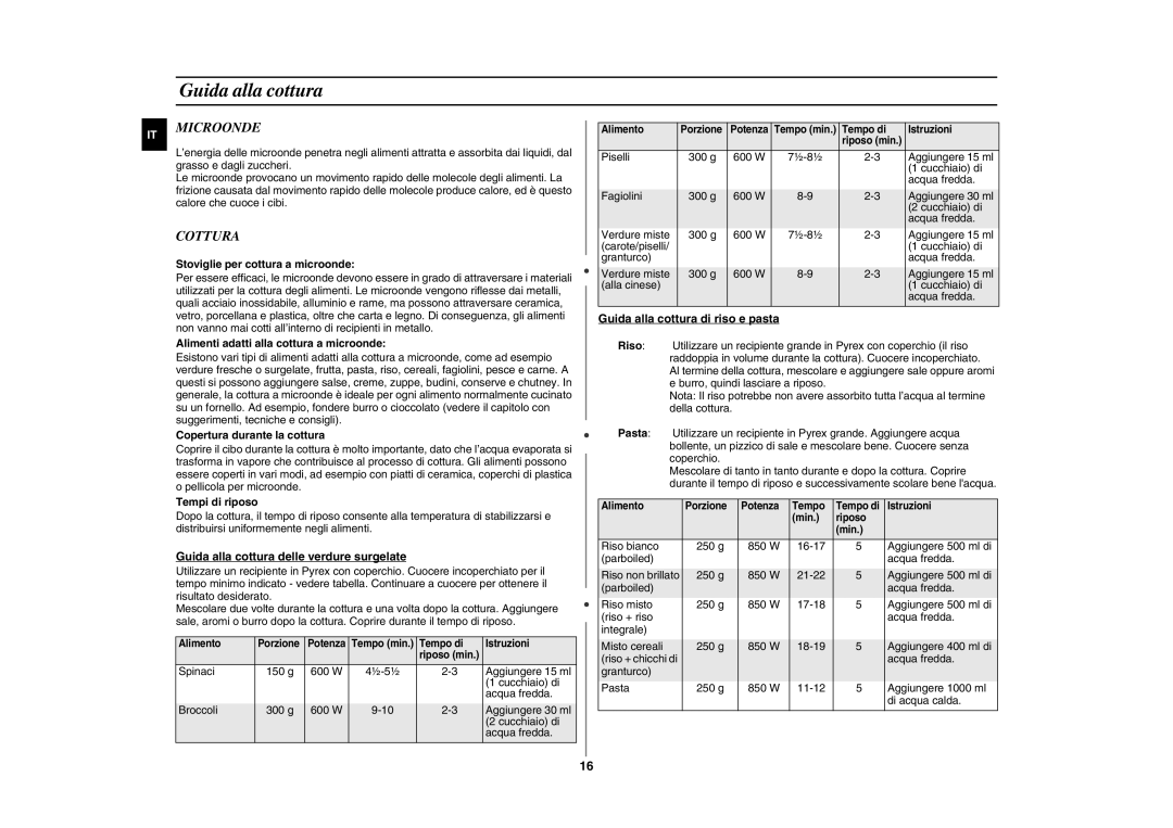 Samsung GE872T-S/XET manual Guida alla cottura, Microonde, Cottura 