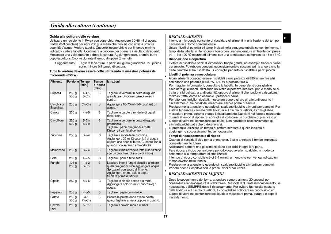 Samsung GE872T-S/XET manual Guida alla cottura continua, Riscaldamento DI Liquidi 