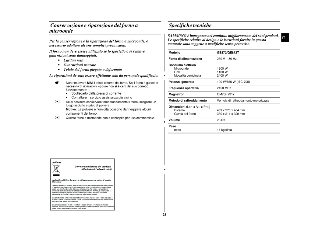 Samsung GE872T-S/XET manual Conservazione e riparazione del forno a microonde, Specifiche tecniche 