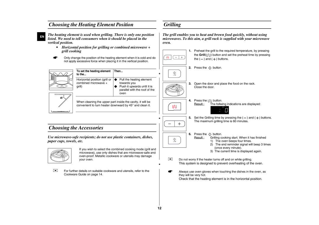 Samsung GE87G/BAL manual Choosing the Heating Element Position Grilling, Choosing the Accessories 