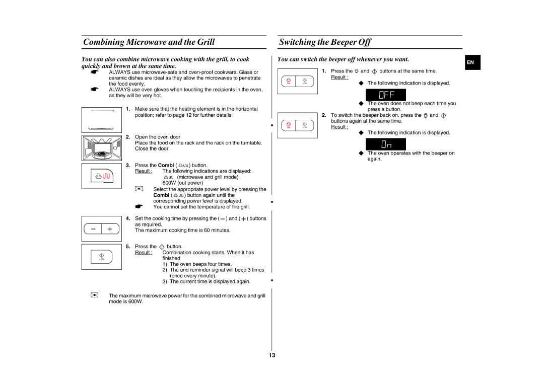 Samsung GE87G/BAL manual Combining Microwave and the Grill Switching the Beeper Off 