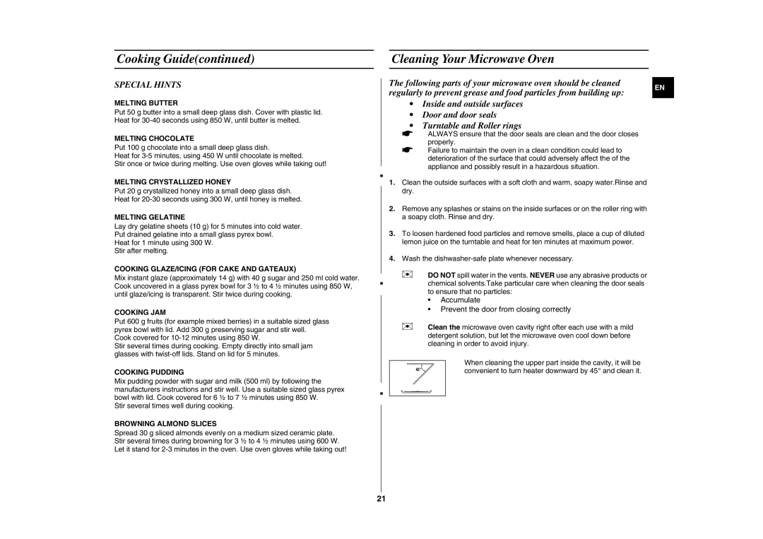 Samsung GE87G/BAL manual Cleaning Your Microwave Oven, Special Hints 