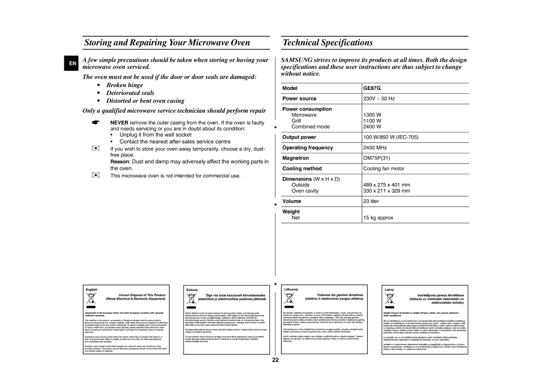 Samsung GE87G/BAL manual 