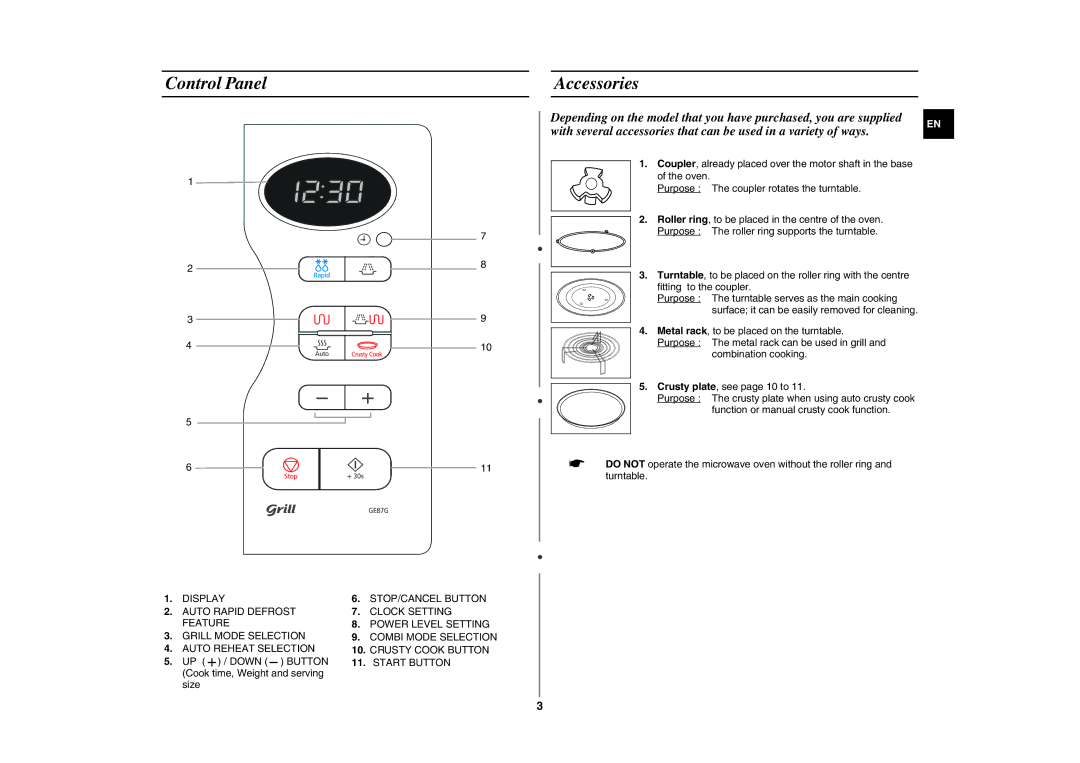 Samsung GE87G/BAL manual Control Panel Accessories, Turntable 