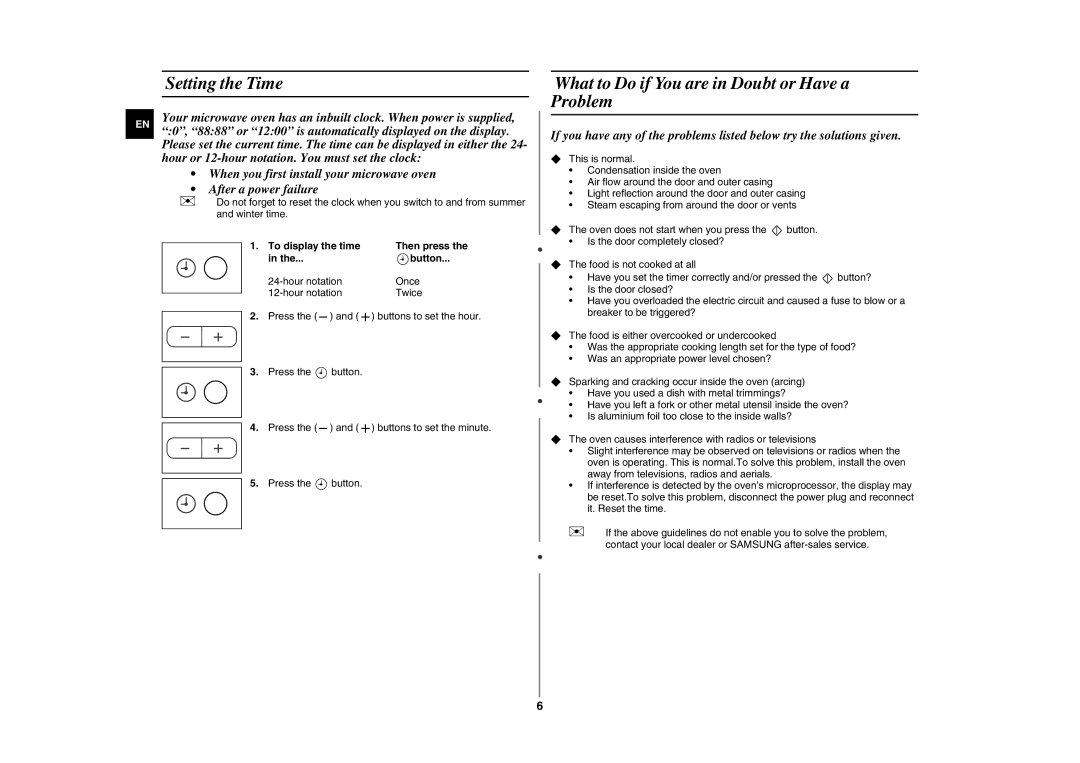 Samsung GE87G/BAL manual Setting the Time, What to Do if You are in Doubt or Have a Problem, Then press, Button 