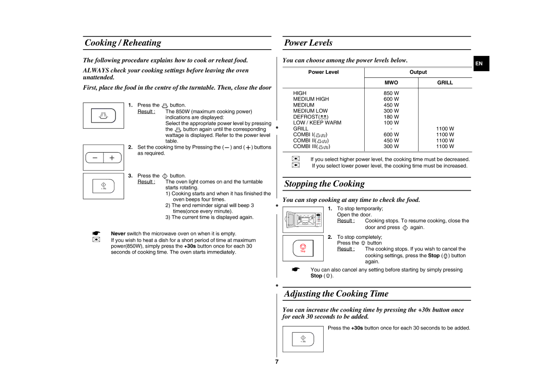 Samsung GE87G/BAL Cooking / Reheating Power Levels, Stopping the Cooking, Adjusting the Cooking Time, Power Level Output 