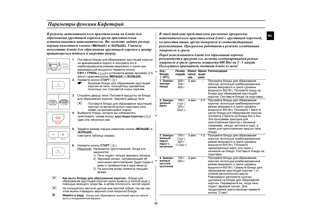 Samsung GE87GR/BWT manual Параметры функции Кафетерий 