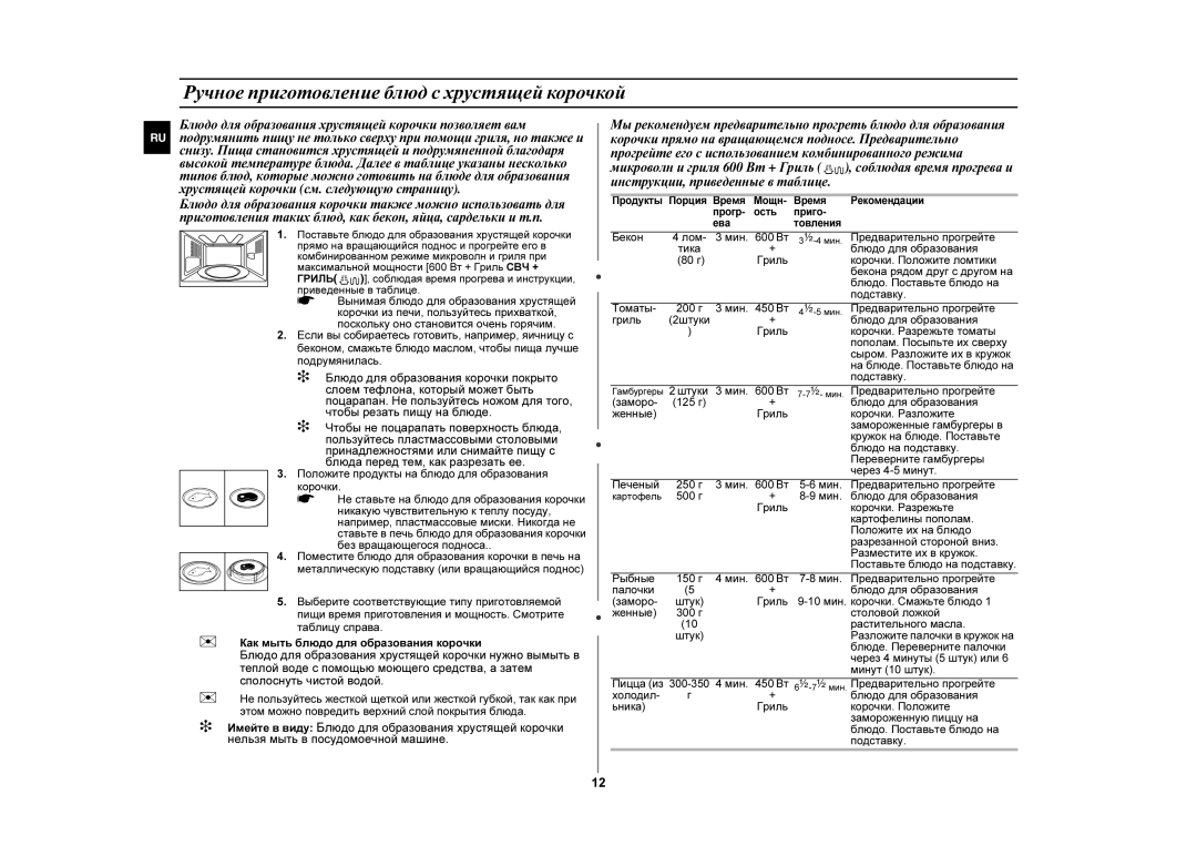 Samsung GE87GR/BWT manual Ручное приготовление блюд с хрустящей корочкой 