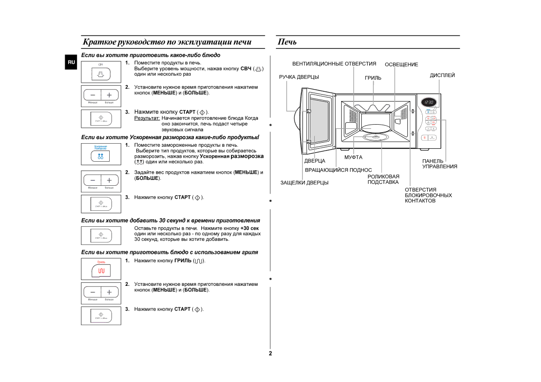 Samsung GE87GR/BWT manual Краткое руководство по эксплуатации печи, Печь 