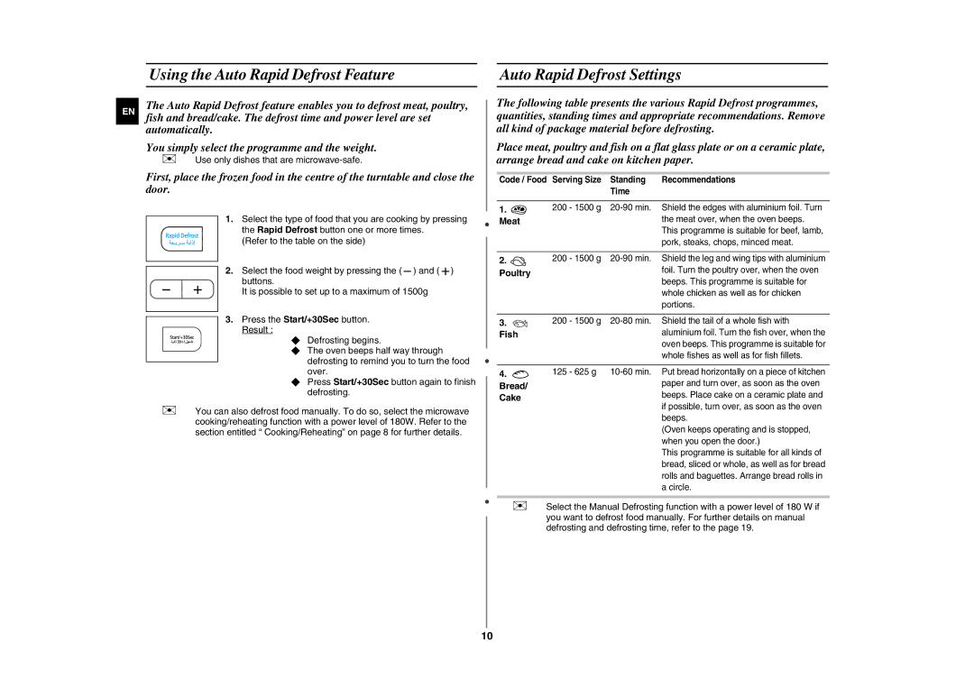 Samsung GE87G/ZAM manual Using the Auto Rapid Defrost Feature, Auto Rapid Defrost Settings 