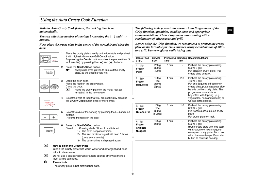 Samsung GE87G/ZAM manual Using the Auto Crusty Cook Function 