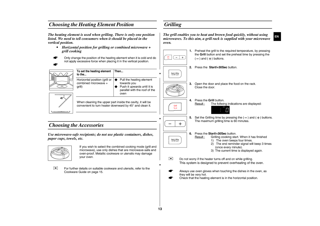 Samsung GE87G/ZAM manual Choosing the Heating Element Position Grilling, Choosing the Accessories 