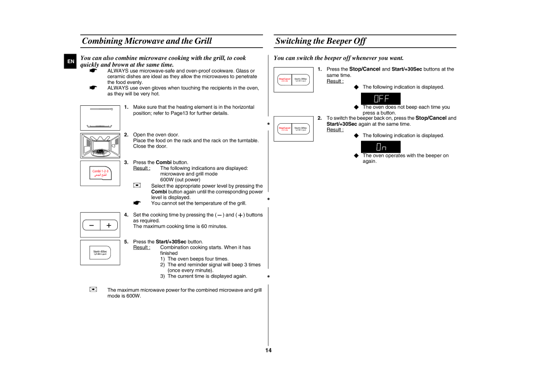 Samsung GE87G/ZAM manual Combining Microwave and the Grill Switching the Beeper Off 