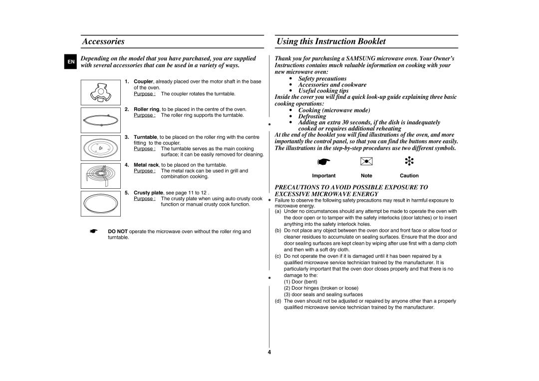 Samsung GE87G/ZAM manual Accessories Using this Instruction Booklet, Important Note Caution 